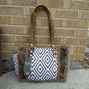 NWT Myra Bag Rustic Brown Laced Leather Woven Canvas Sand Weaver Tote